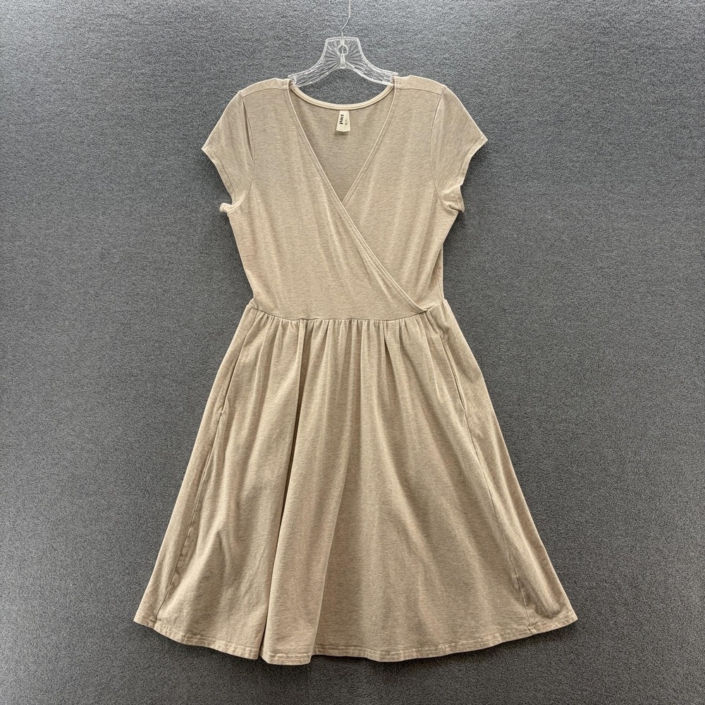 Pact Dress Medium Beige Oatmeal Fit Flare Crossover V Neck Short Sleeve Pockets